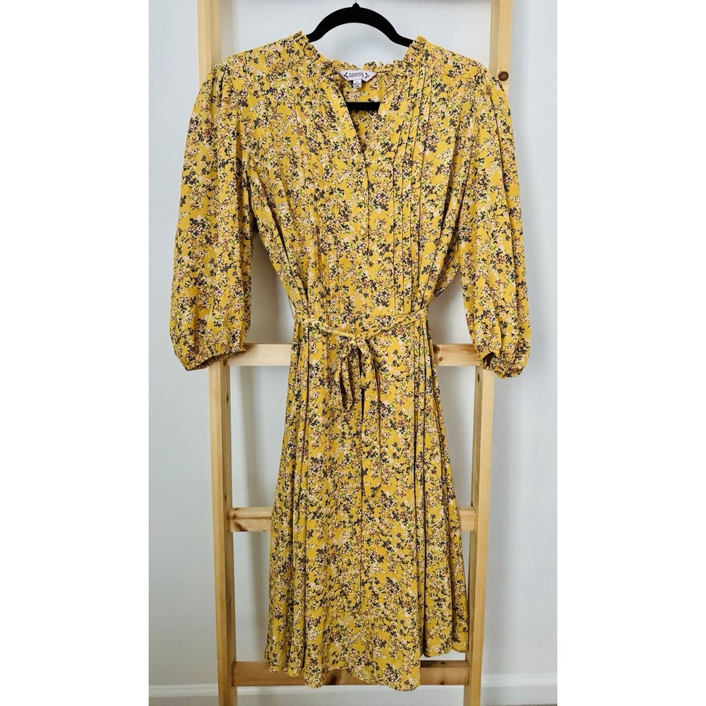 NANETTE Lepore Mustard Yellow Gold Fall  Floral Pintuck ‎ Dress, Size 14 (B4)